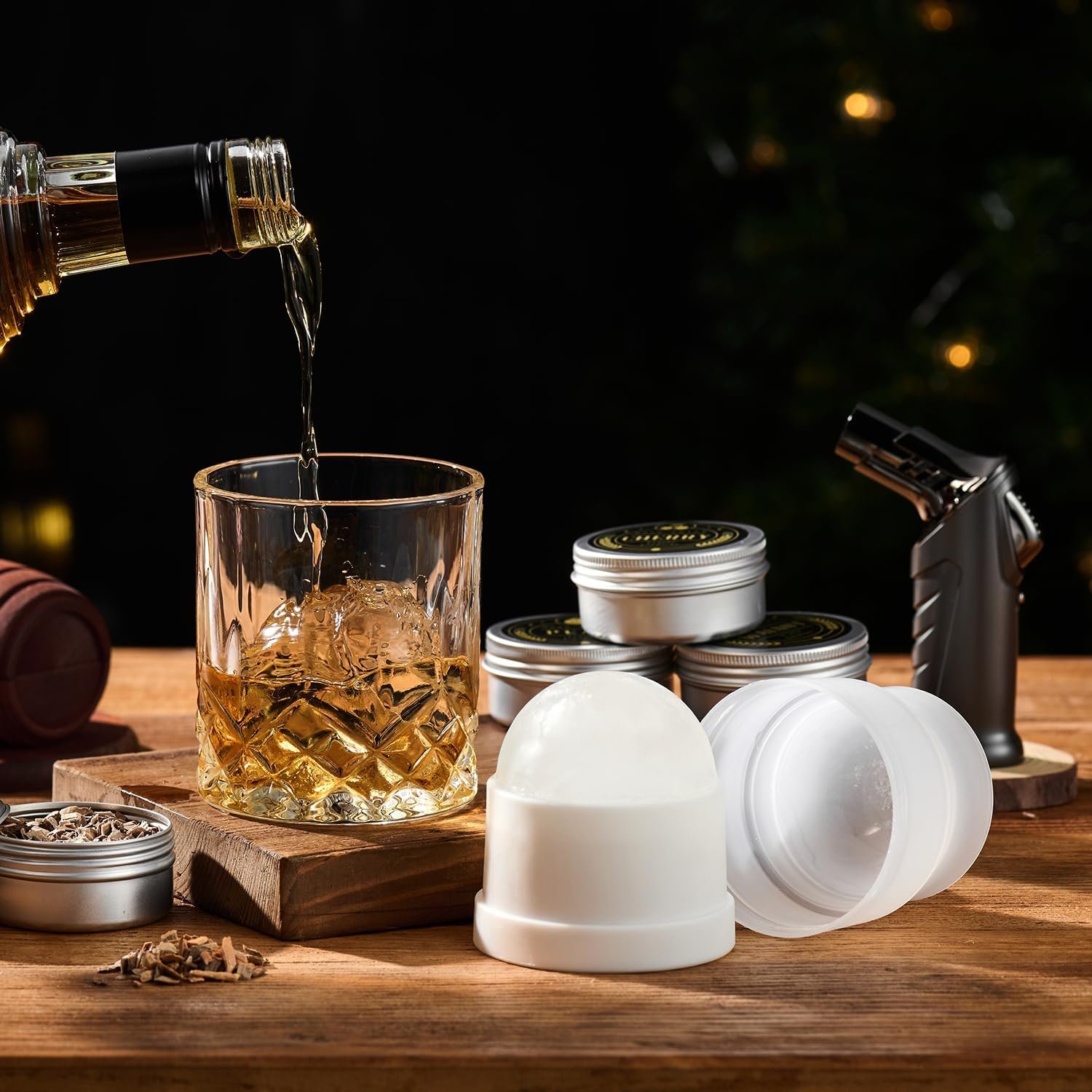 Whiskey Smoker Kit with Torch - 6 Flavors Wood Chips, 2 Glasses, 2 Ice Ball Molds - Cocktail Smoker Infuser Kit